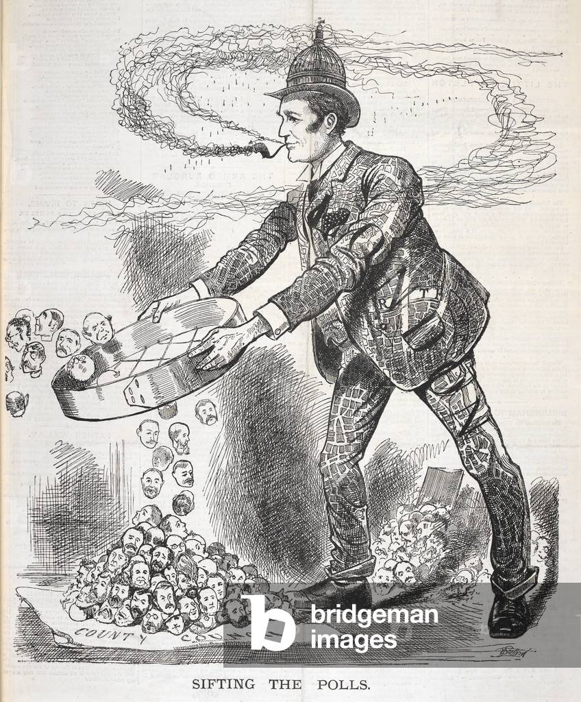 'Sifting the polls'. A political satirical drawing on the subject of voting., b/w