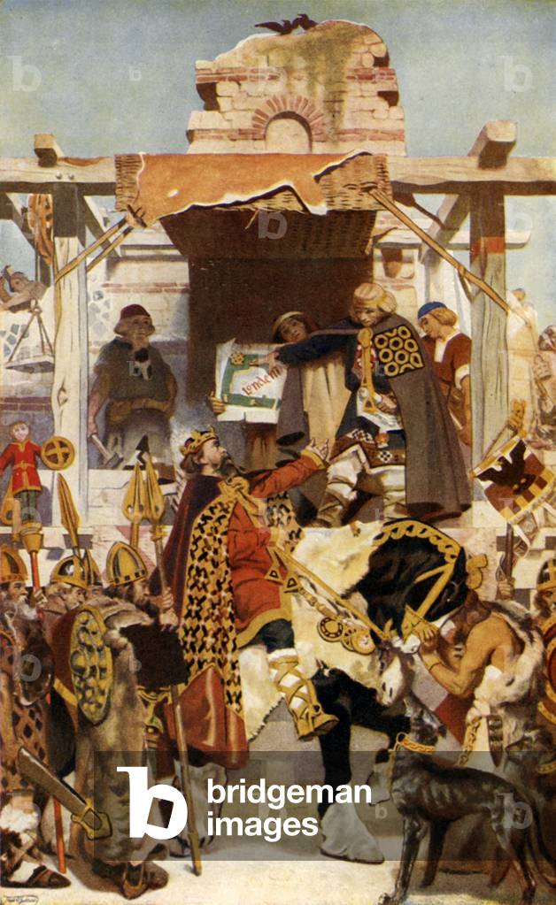 "König Alfred Wiederaufbau der Mauern von London (Farbe litho)" von Frank Owen Salisbury