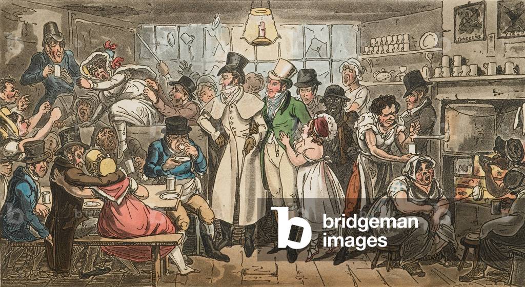 Mezzanotte, Tom e Jerry in un caffè vicino al olimpico, da 'Life in lond', di Pierce Egan, 1821 (incisione col