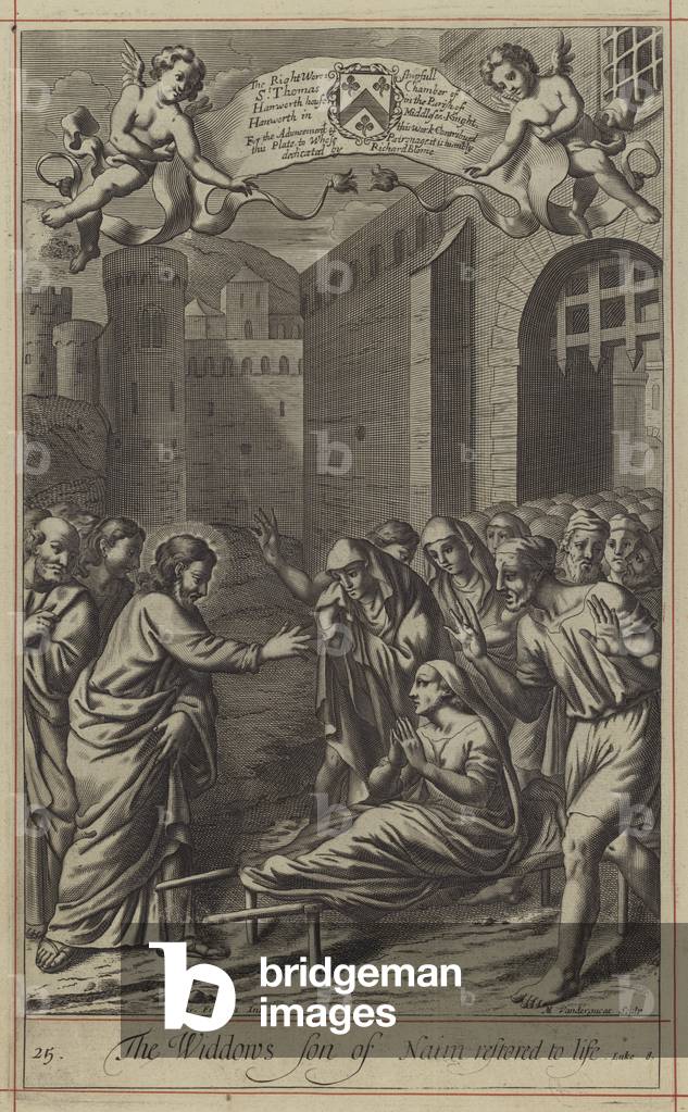 Image of Engraving depicting The Widdow's Son of Nain restored to life (engraving) 1701 by English Artist, b/w