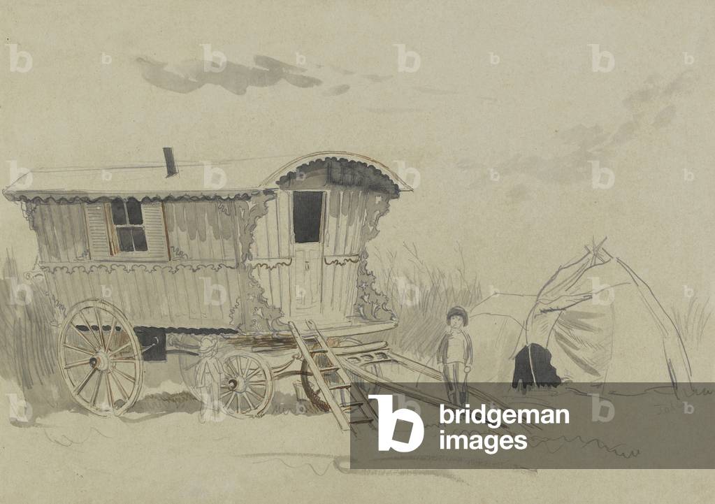 Caravan e tenda gipsy, con due bambini (grafite con inchiostro marrone e lavaggio su carta)