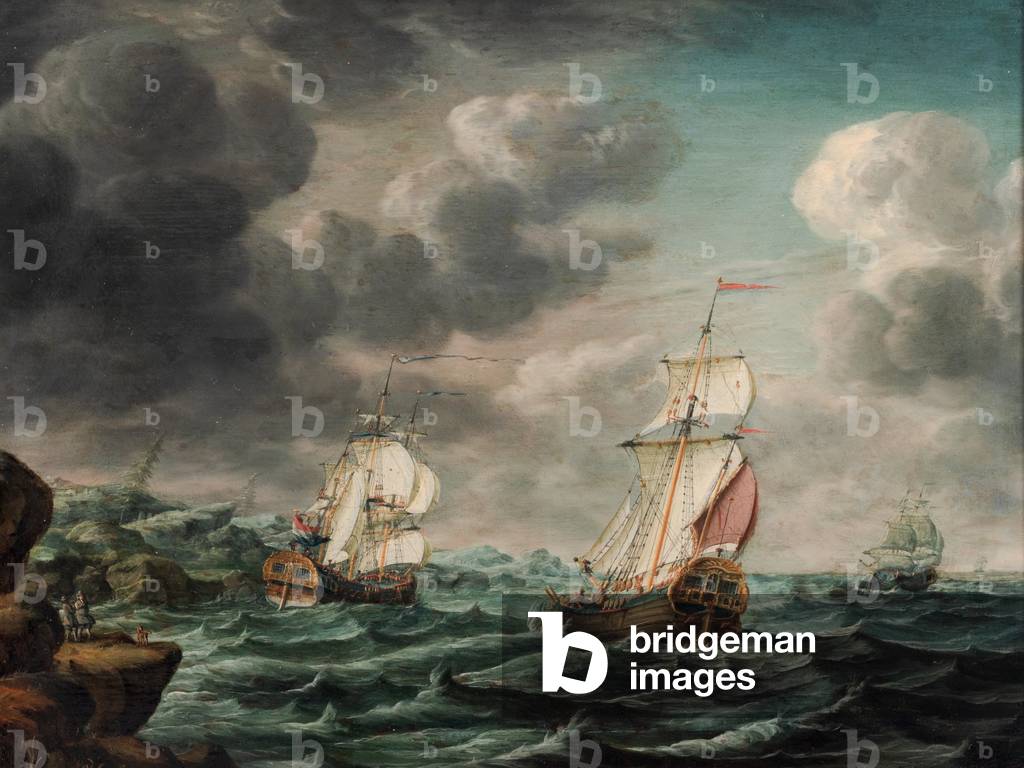 Immagine di Dipinto "Un uomo olandese da guerra e navi commerciali al largo di un promontorio roccioso" 1765 d