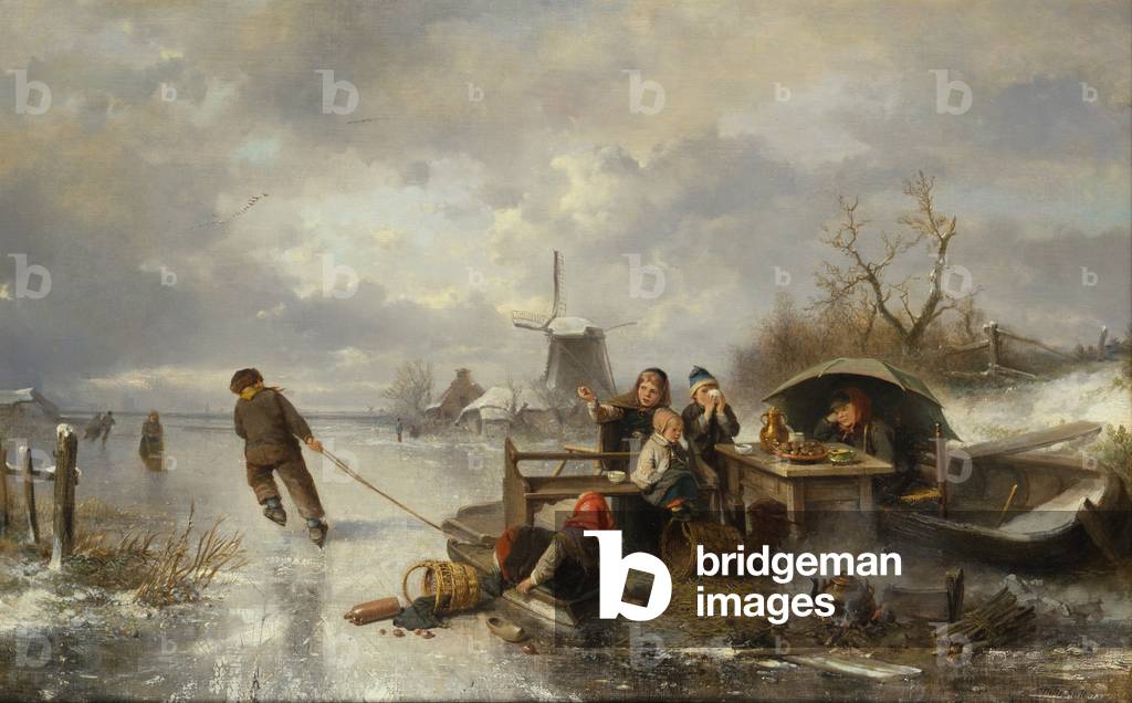 Immagine di Dipinto "Bambini che giocano su un lago ghiacciato in un paesaggio invernale (olio su tela)" 1801 