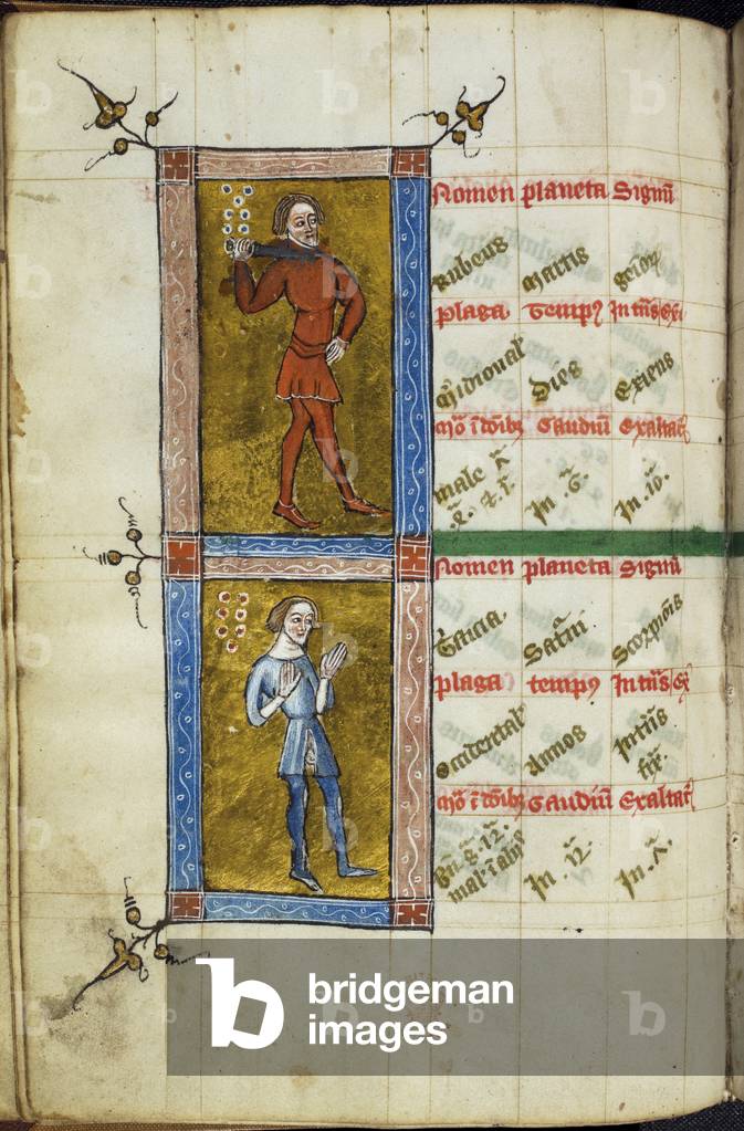 Miniaturen von zwei Figuren (Rubeus (Rot) und Tristicia (Traurigkeit)) in zwei Fächern, die sich auf die begle