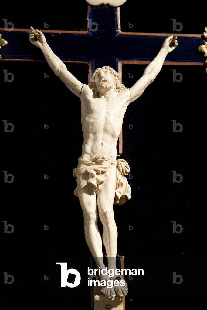 Image of Photography depicting Ivory crucifix by French Artist, b/w