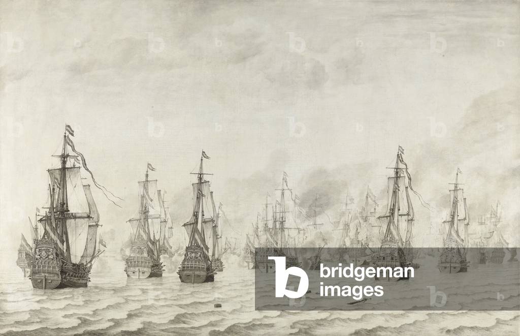 Immagine di Dipinto "la battaglia di Dunkerque", 1659 di the Elder Velde, b/w