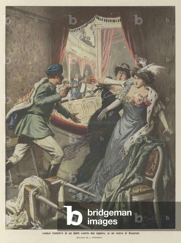 Ein gewagter Versuch eines Diebes gegen zwei Damen in einem Theater in Bukarest (Farblitho)