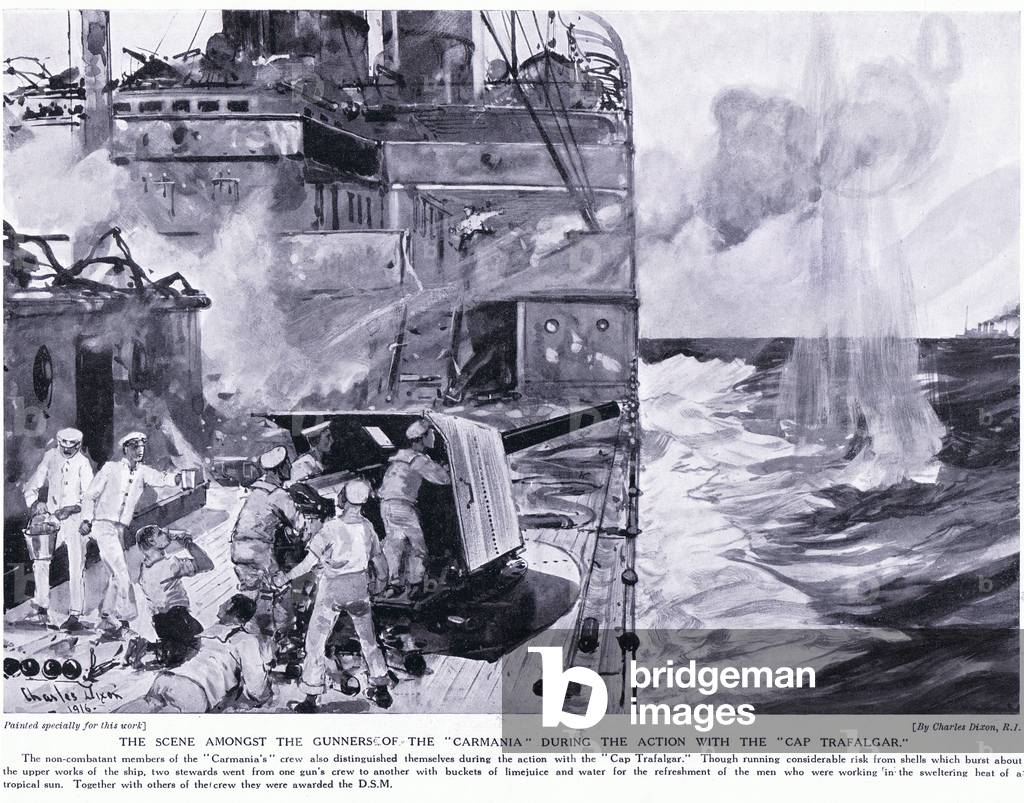 Die Szene unter den Schützen der Carmania während der Aktion mit dem Cap Trafalgar (litho)