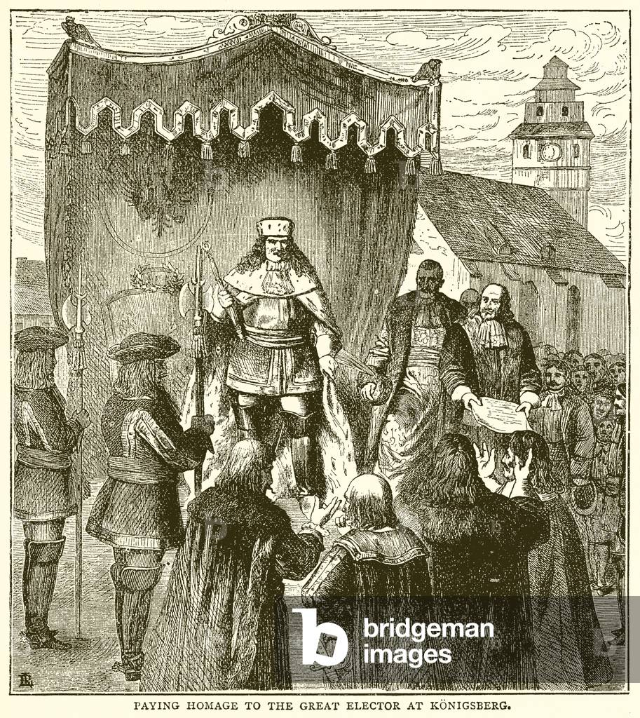 Paying Homage to the Great Elector at Konigsberg (engraving) by English Artist, b/w