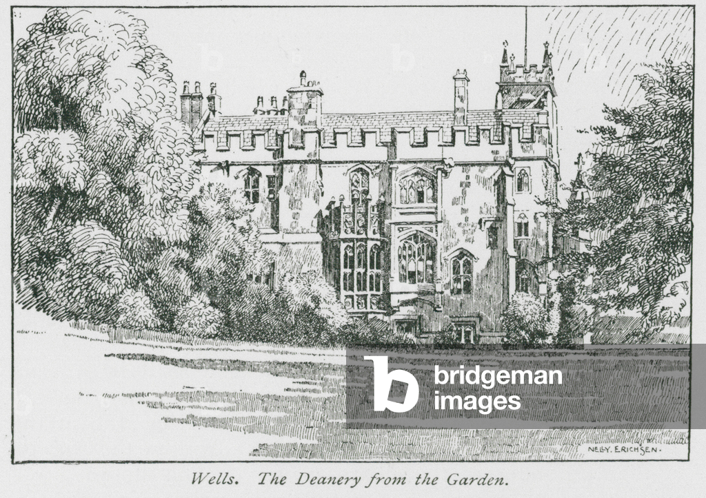 Wells, The Deanery from the Garden (litho)
