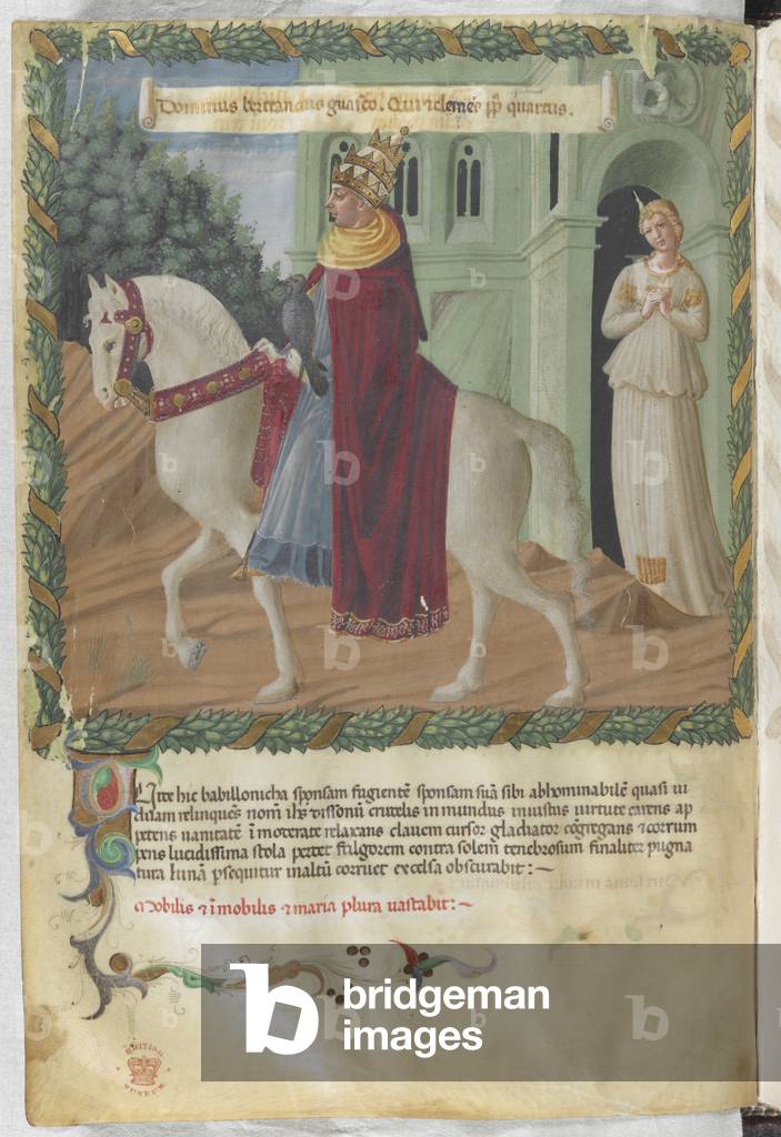 Miniatura di papa Clemente IV a cavallo fuori Roma