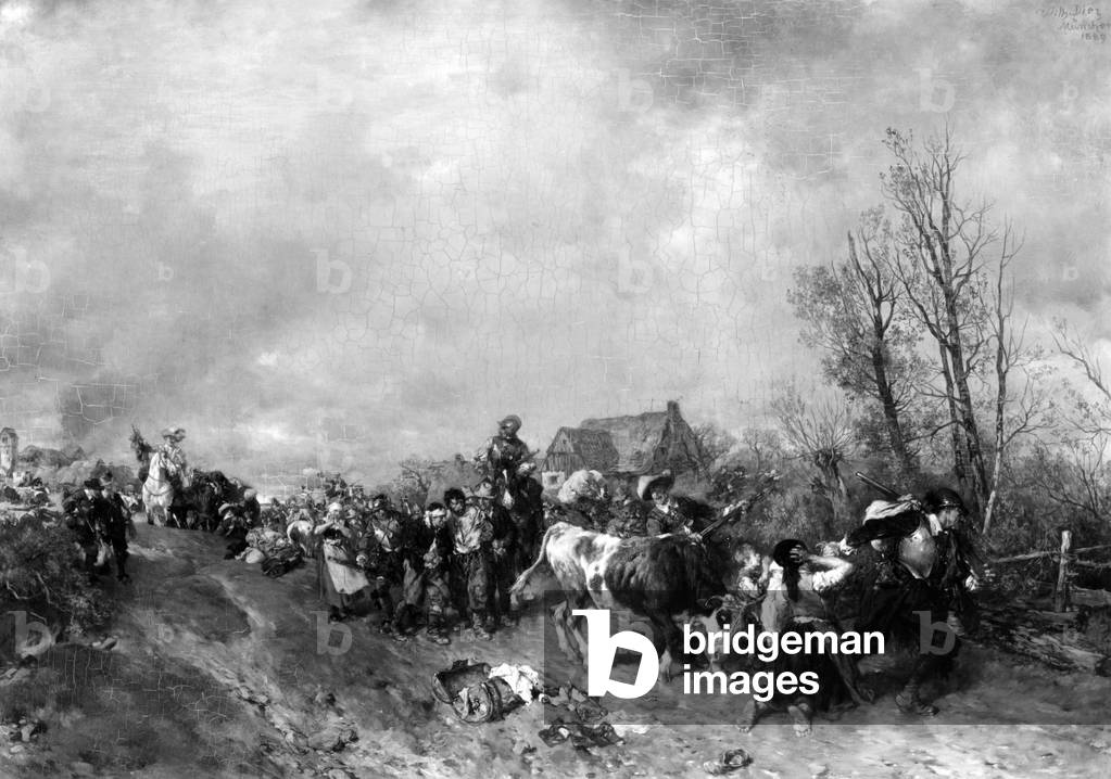 Dipinto che mostra il saccheggio di un villaggio nella guerra dei trent'anni, 1899