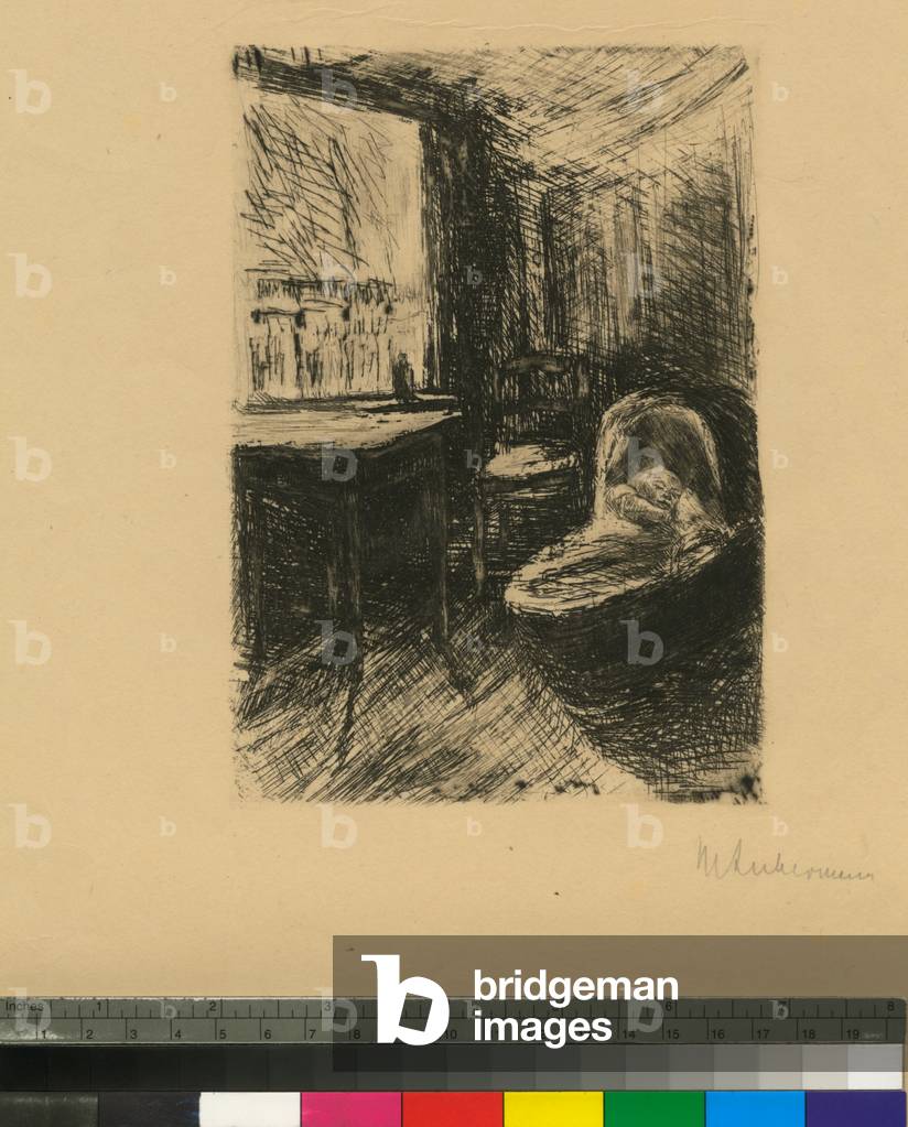 Interieur mit Baby in Cradle, c.1870-1935 (Radierung)