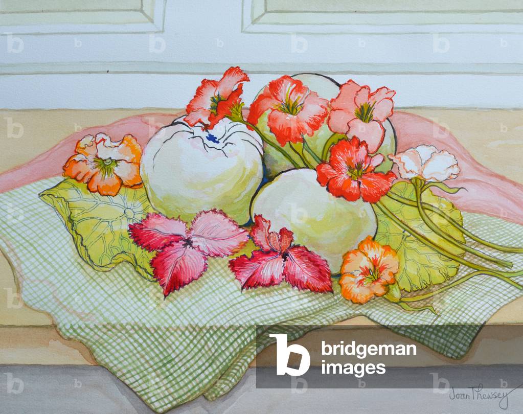 Apples and Nasturtium on a green check cloth (watercolour) by Joan Thewsey