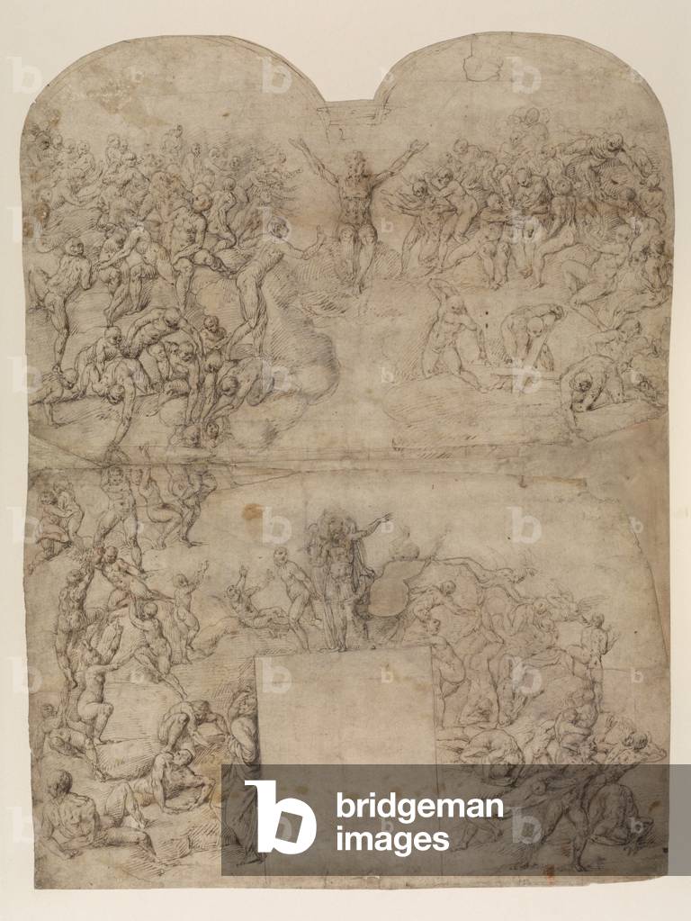Letztes Urteil nach Michelangelo (?) (recto) (Kugelschreiber & Tusche & Kreide auf Papier)