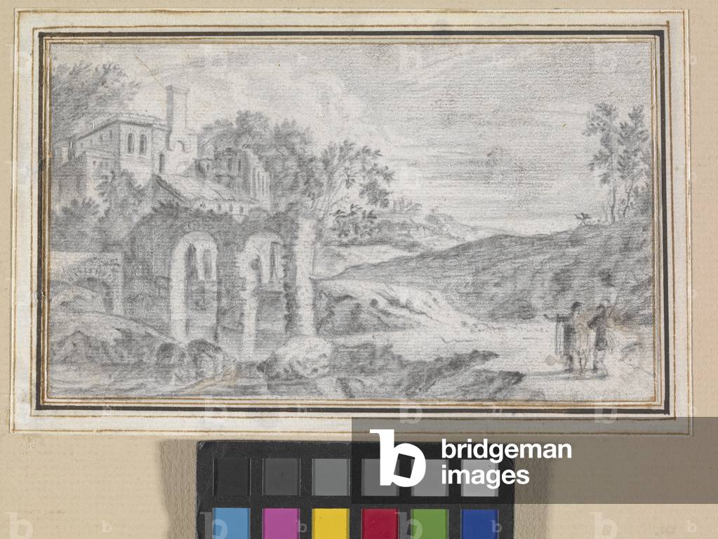 Italianate Landscape With Ruins (black chalk on off-white paper) by Dutch Artist