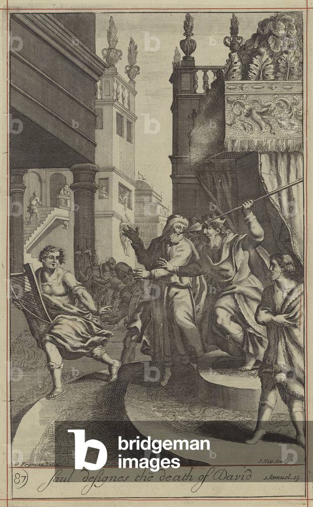 Image de Gravure représentant Saul désigne la mort de David (gravure) 1701 par English School, b/w