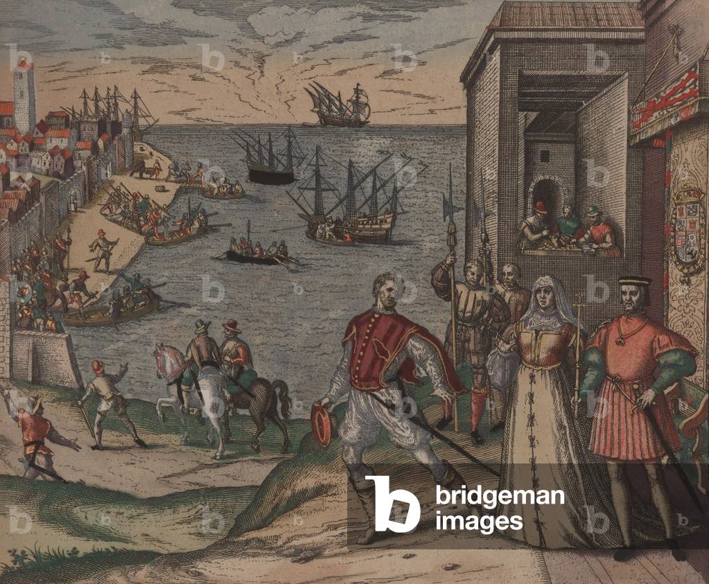 Image of Christopher Columbus takes leave from his patrons King Ferdinand and by Bry, Theodor de