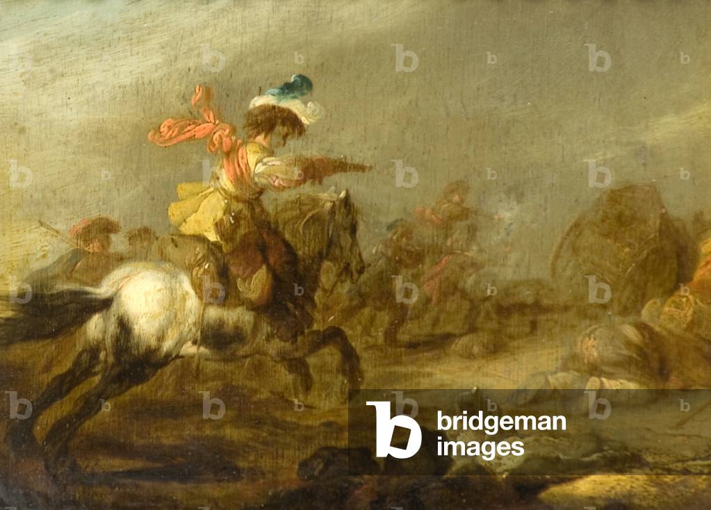 Weißes Pferd und Figuren, 17. Jahrhundert (Öl auf Tafel)