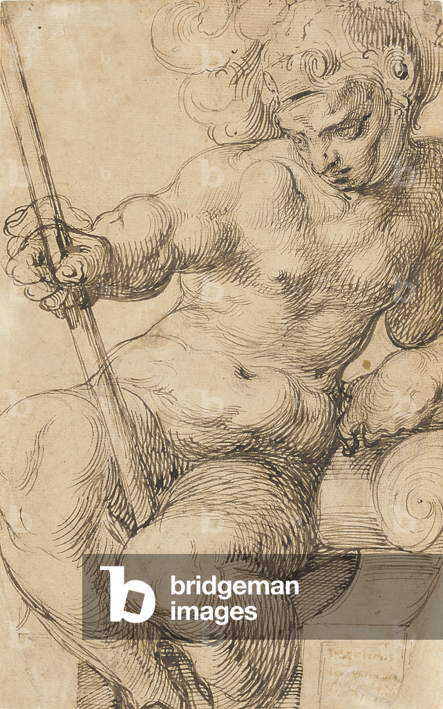 Mars enthroned, wearing a plumed helmet and holding a spear (recto) (black chalk, pen and brown ink)