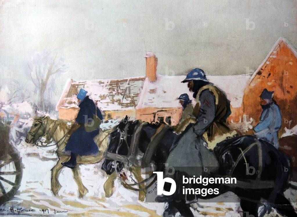 "Il convoglio francese trainato da cavalli marcia attraverso un villaggio in rovina" 1917