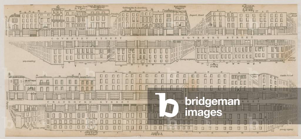 Les bâtiments de Leicester Square, Londres, le long de Coventry Street et Cranbourne Street (gravure)