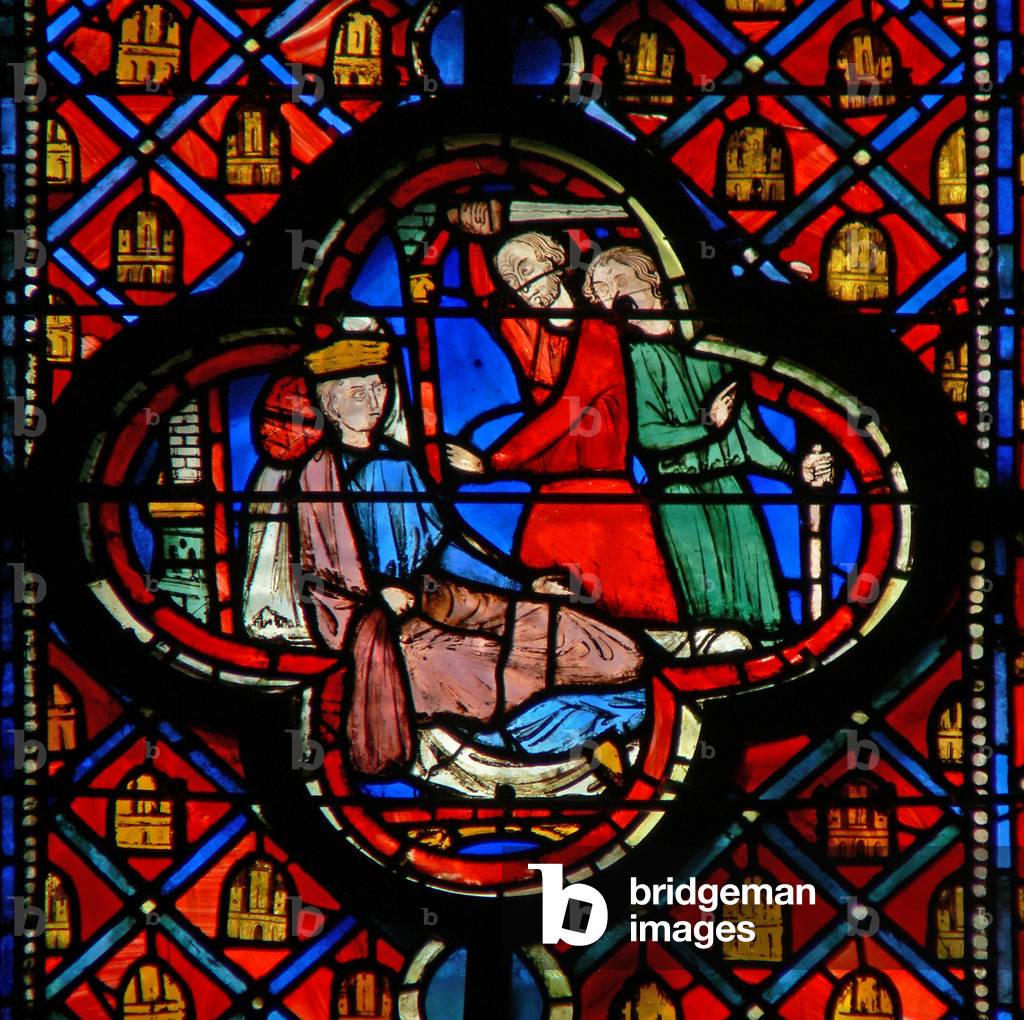 Image of Stained Glass depicting Window w9R  Balthazza's  (Belshazzar)death. Dan V 30 (stained glass), 1246-48