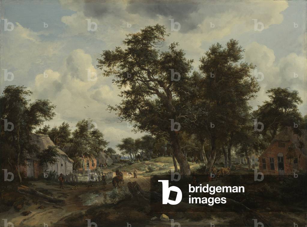 Image de Peinture représentant un paysage boisé avec voyageurs sur un chemin à travers un hameau 1665 par Mein