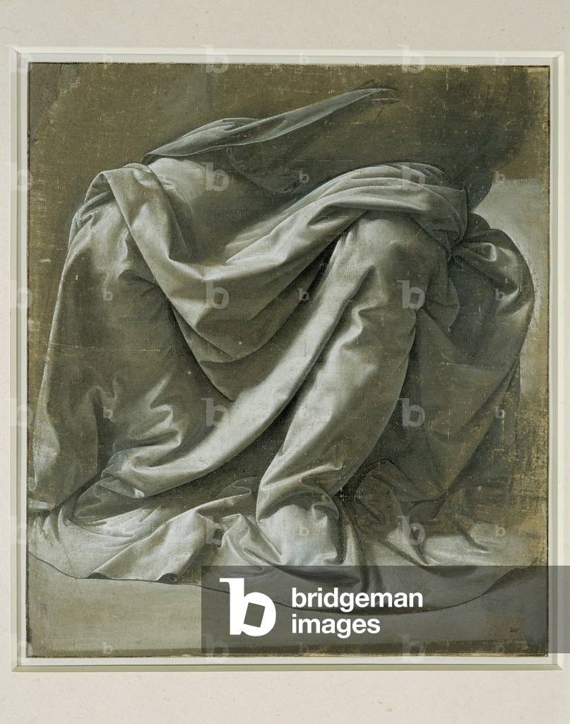 Drapperia per una figura assisa, pinceau e tempera grise, rehauts de blanc sur toile de lin prepare grise ...