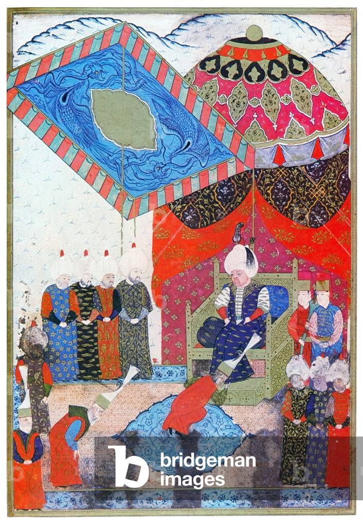 Turkey: Selim II (r.1566-1574), 11th Emperor of the Ottoman Empire, ascends the throne, Selim enthroned (right