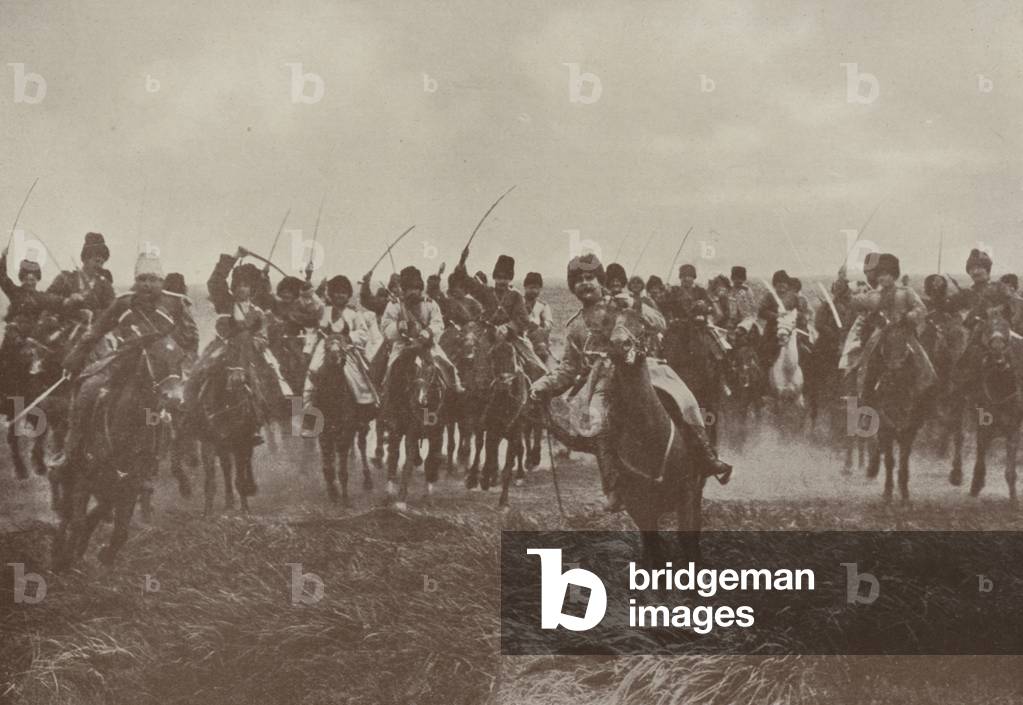 Russian Cossack cavalry in action, World War I (b/w photo)