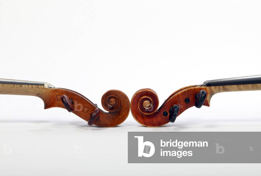 Two violin scrolls, one baroque, one classical violin