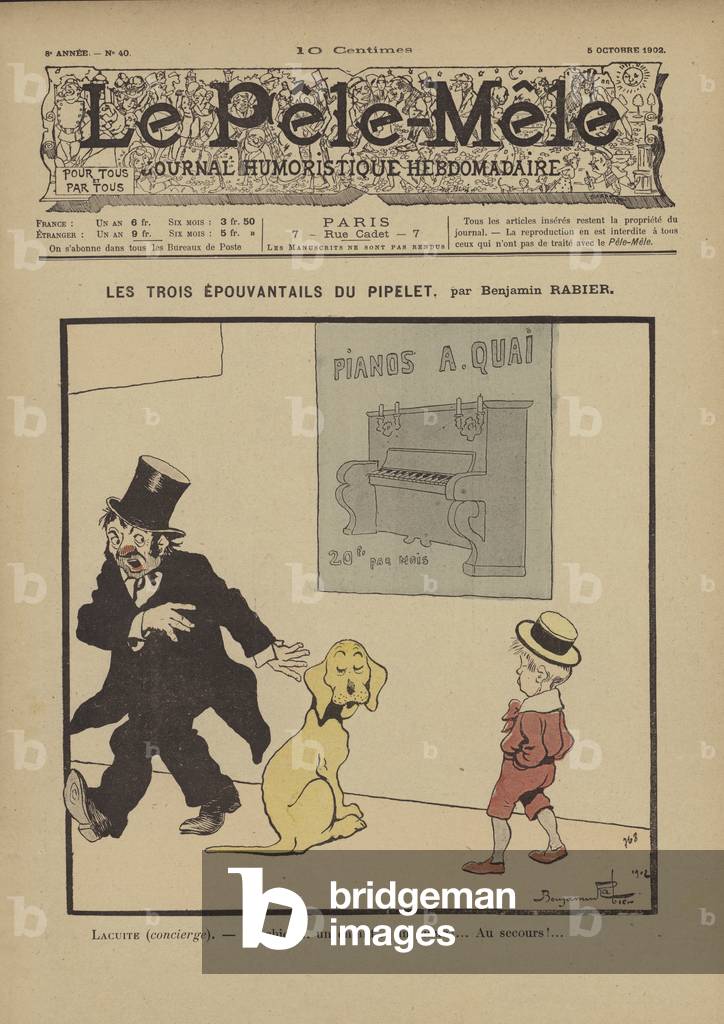 Les trois epouvantails du pipelet. Illustration pour Le Pele-Mele par Benjamin Rabier, b/w