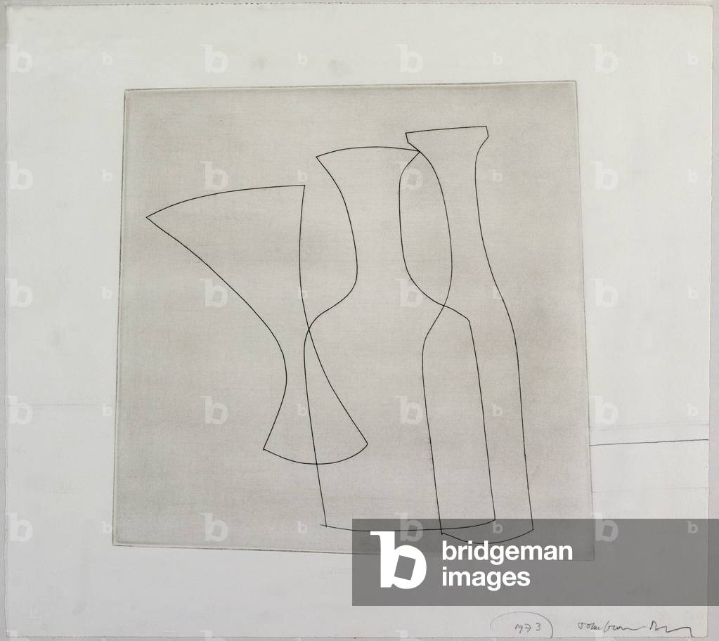 "Due bottiglie e un bicchiere", 1967 di Ben Nicholson, b/w
