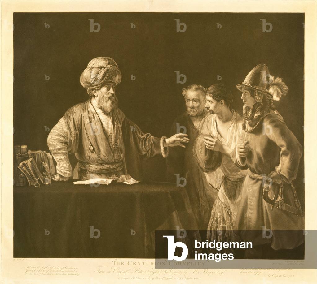 The Roman Centurion Cornelius orders his servants to go to Joppa to ask the apostle Peter to visit him in Caeserea, engraved by James Ward (1769-1859) 1800 (brown & white engraving)