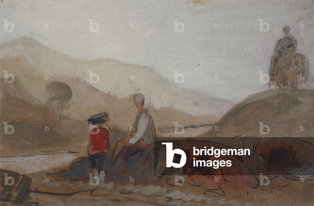 Mountainous Landscape with Figure by a Lake (A Man seated by a Lake amidst Mountains), previously attributed to J.M.W. Turner (1775-1851) and also attributed to Peter de Wint (1784-1849), 1825-30 (oil on paper)