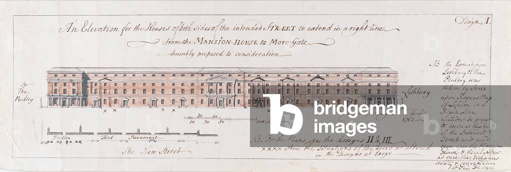 Design for 'the Houses of both sides of the intended Street to extend in a right line from the Mansion-House to More-Gate humbly proposed to consideration', 1762 (w/c over pen & graphite on laid paper)