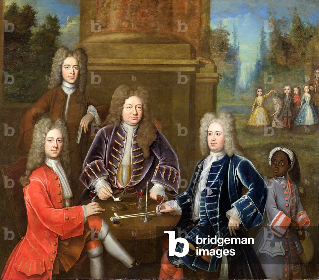 Elihu Yale (1648-1721) the second Duke of Devonshire, Lord James Cavendish, Mr Tunstal and a Page, c.1708 (oil on canvas)