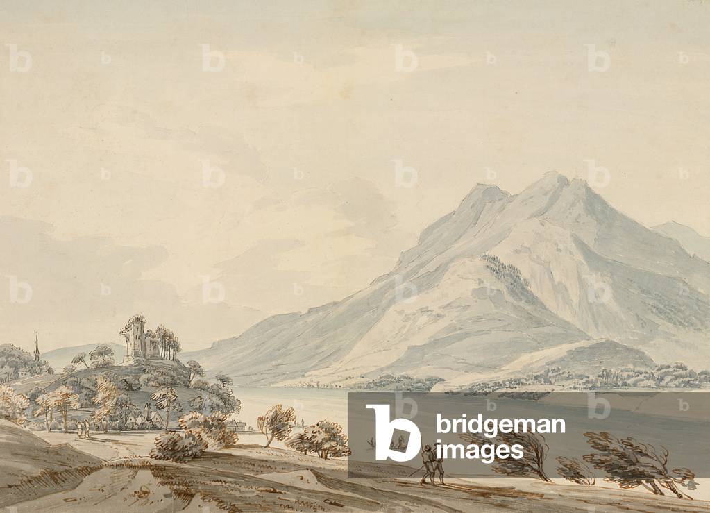 Mountain of Rigi and the Ancient Castle of Hapsbourg on the Lake of Lucerne (w/c over graphite on paper) by Th