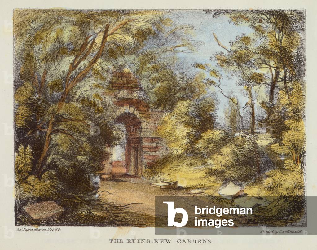 The Ruins, Kew Gardens, plate 15 from 'Kew Gardens: A Series of Twenty-Four Drawings on Stone', engraved by Charles Hullmandel (1789-1850) published 1820 (hand-coloured litho)
