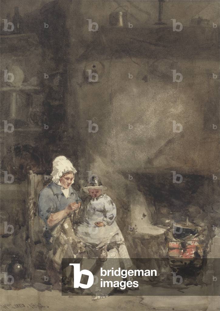 A Woman and Child by a Hearth, 1842 (w/c over graphite on paper)