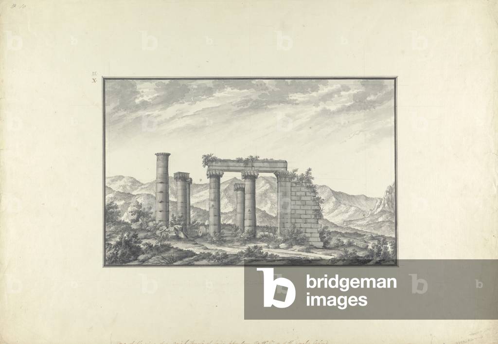 View of the ruins of an Ionic temple at Sardis, probably the Temple of Neptune, c.1750 (grey wash, pen & ink and pencil on paper)