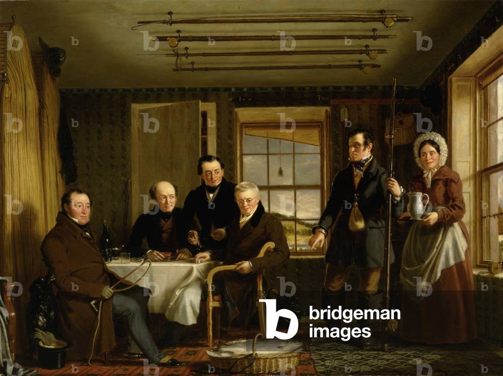 Discussendo un cattura di salmone in un scozzese Fishing-Lodge, c. 1840 (olio su tela)