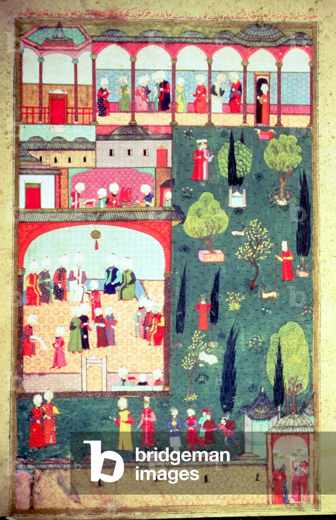 H 1524 f.242r Council of ministers at Topkapi Palace, from the 'Hunername' by Lokman, 1588 (gouache on paper)