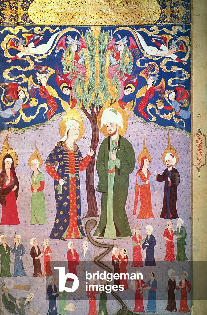 Adam and Eve and their Thirteen Twins, from 'Zubdet ut Tevarih' by Lokman, 1583 (vellum)