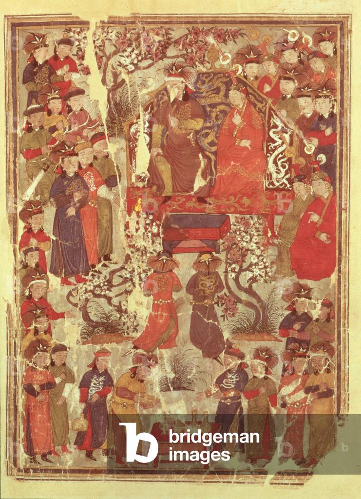 Ms. Supp. Pers. 1113 f.126v Genghis Khan and his wife Bortei enthroned before courtiers, folio from a book called Jami' al Tawarikh (