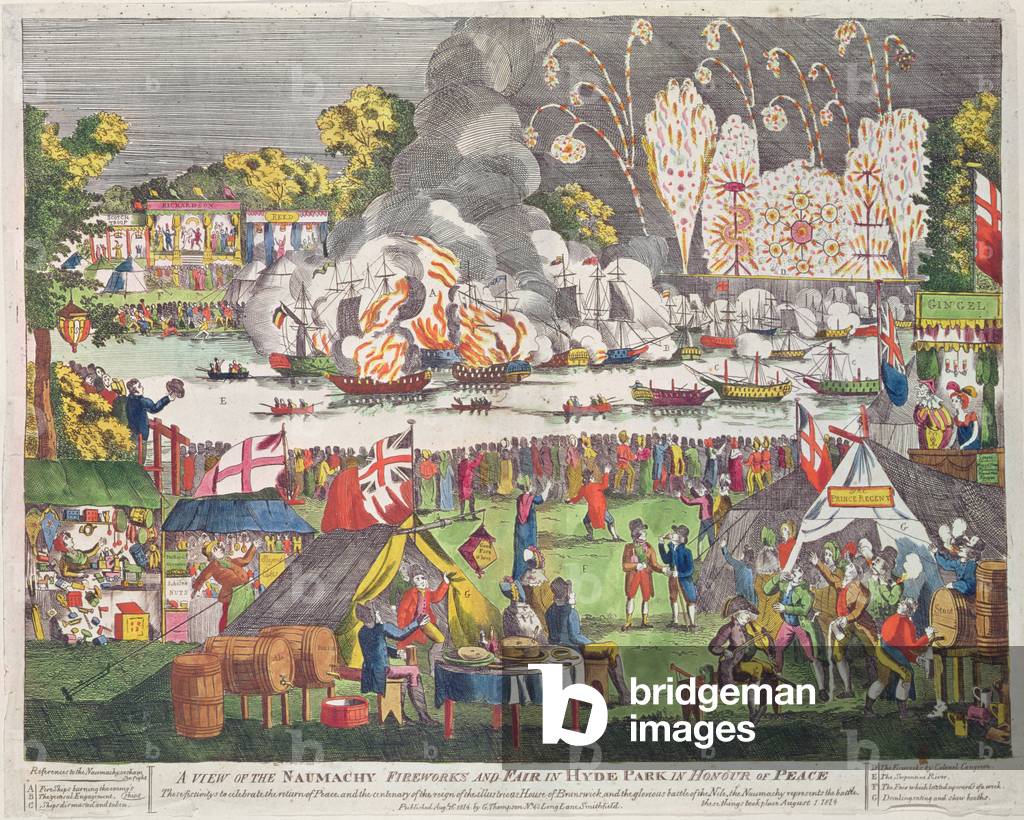 A View of the Naumachy, Fireworks and Fair in Hyde Park in Honour of Peace, published by G. Thompson, 1814 (coloured engraving)