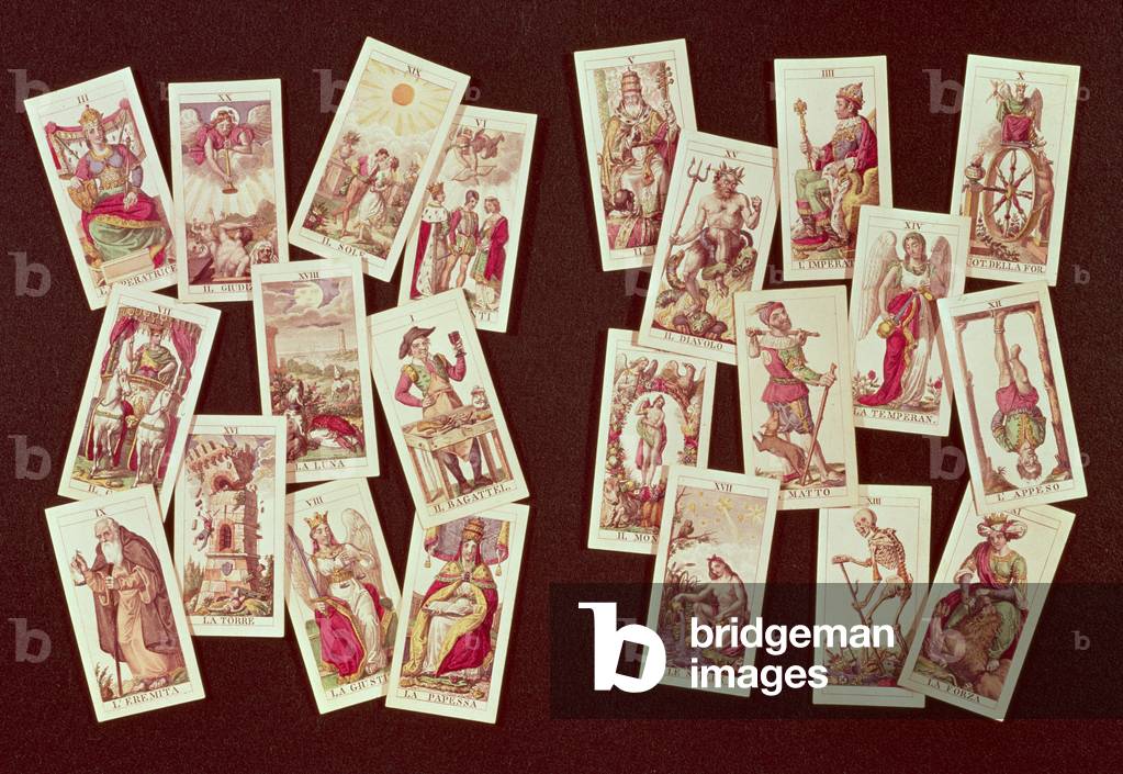 The tarot cards of the Major Arcana (coloured engraving)