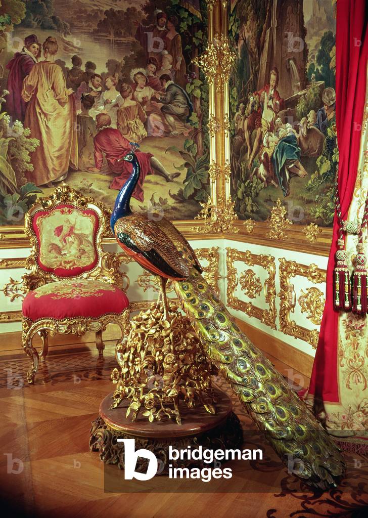 Life size Sevres porcelain peacock in the West Gobelin Room (photo)