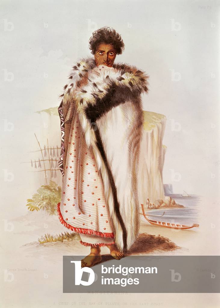 Rangitakina, a Chief of the Bay of Plenty on the East Coast, illustration from 'New Zealand Illustrated', engraved by W. Hawkins, c.1845 (litho)